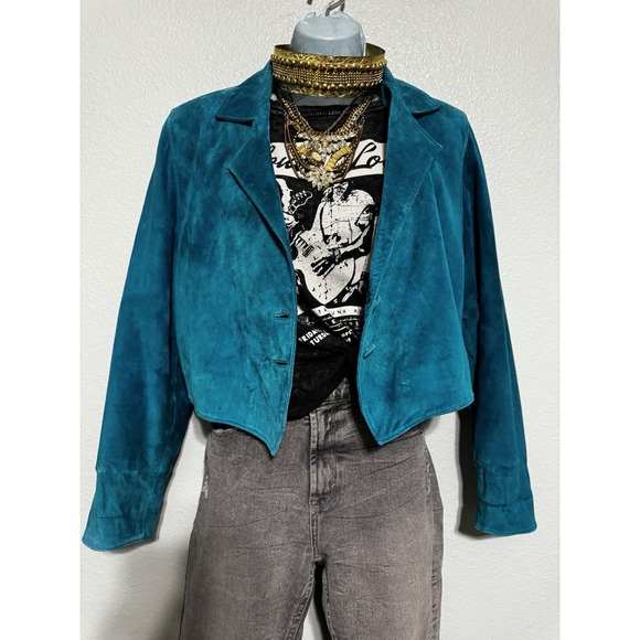 VINTAGE Suede Renditions by Sandi Blue Leather Jacket Fits Like Women's L 80's - Picture 3 of 8